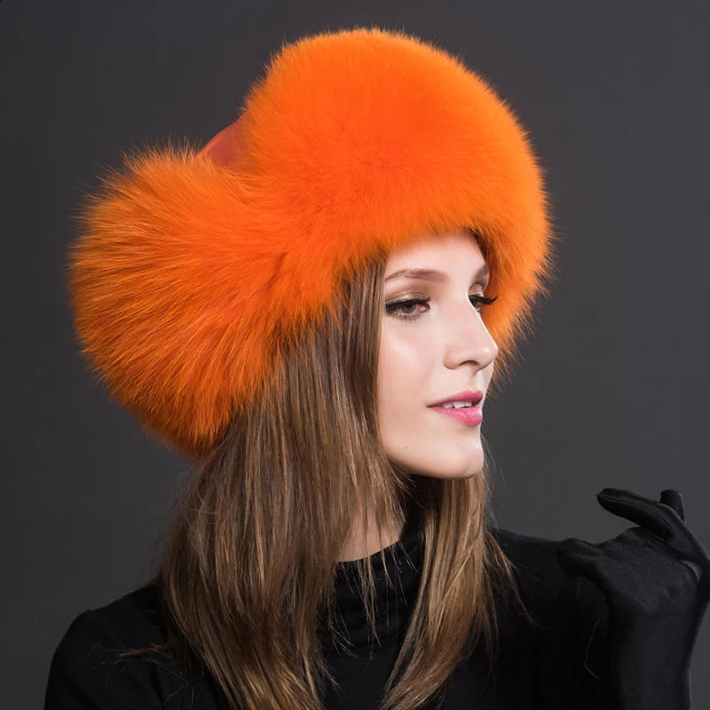 Natural Fox Fur Bomber Hats Winter Warm Women Flurfy Genuine Fox Fur Earfiap Caps Quality Russian Lady Real Fox Fur Hat 240910