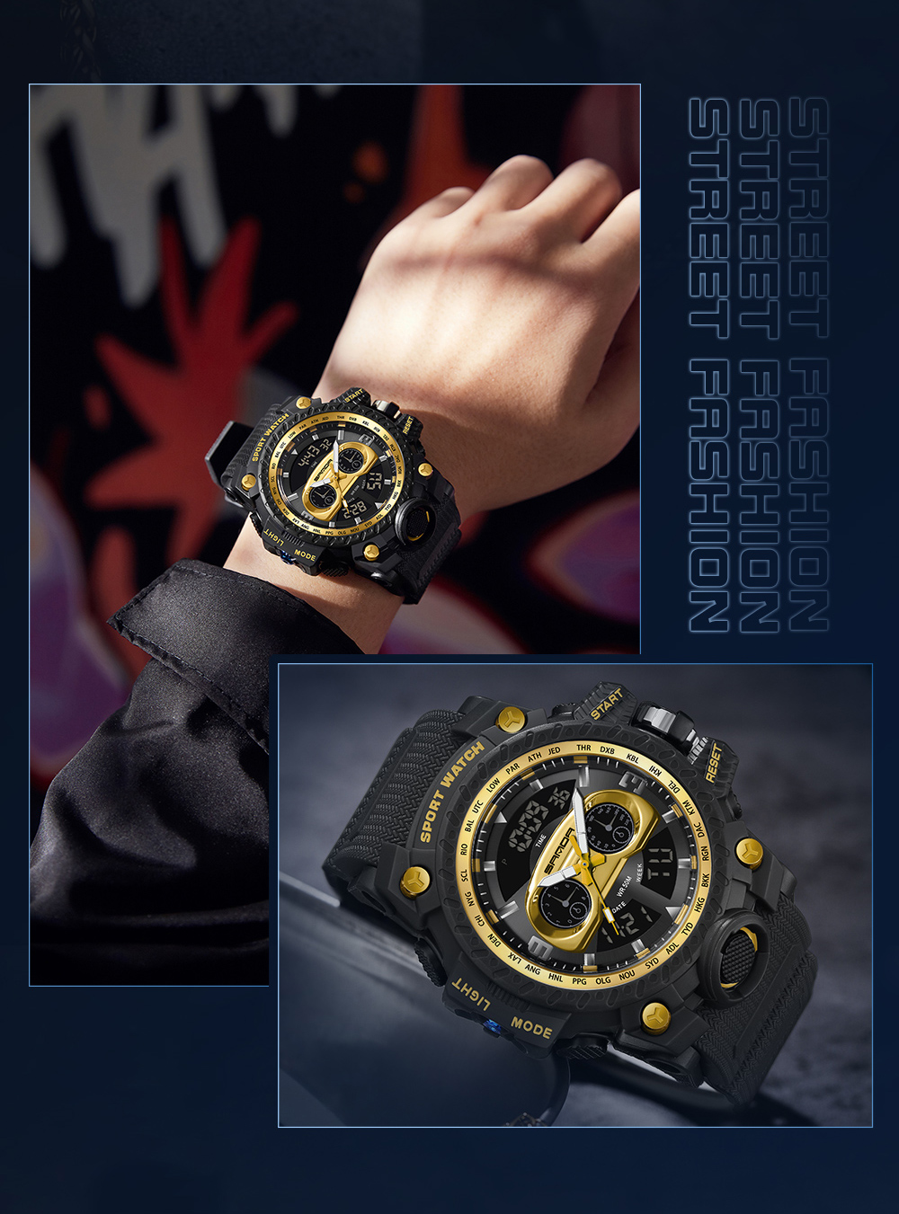 SANDA 3153 Men's Watch Sports Military Quartz Watch 50M Waterproof Dual Display Digital Watch, Suitable for Men's Relogio Masculino 12