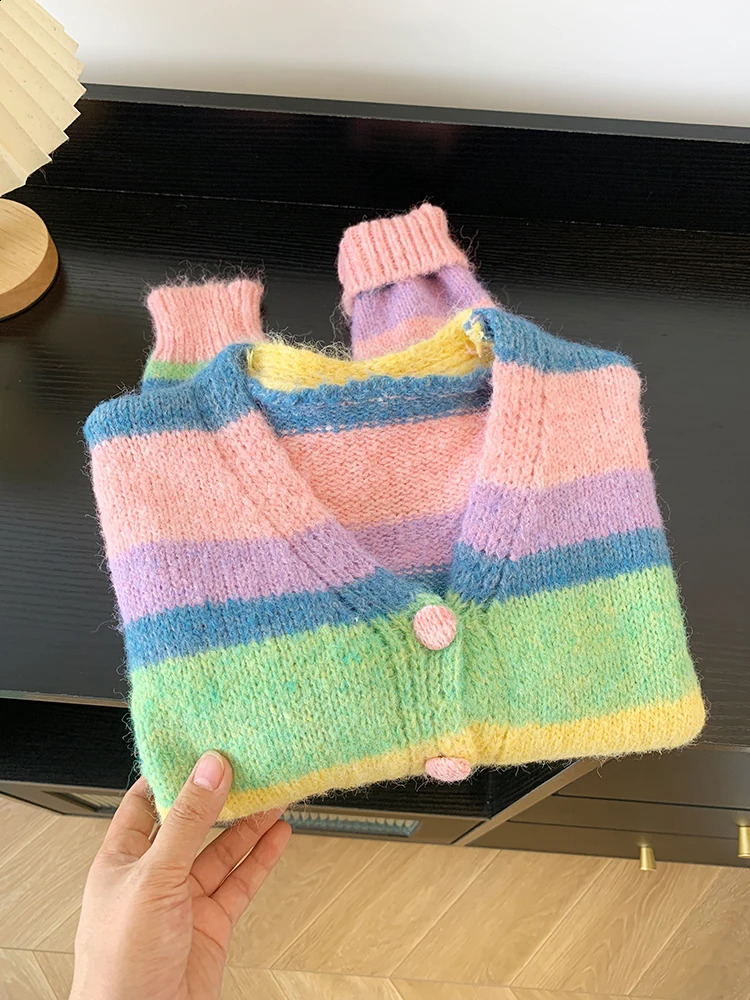 Rainbow Striped Chic V-Neck Knitted Cardigan Womens Long Sleeve Sweater Korean Fashion Short Coat Autumn Winter 240912