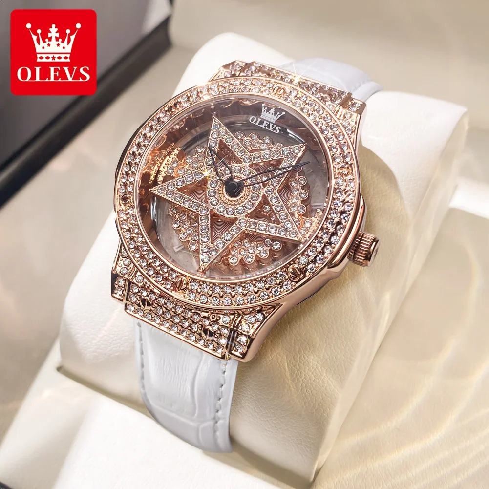 OLEVS Diamond Watch for Women Waterproof Breathable Leather Strap Female Pentacle Snowflake Rotates the Dial Quartz Watch 240909