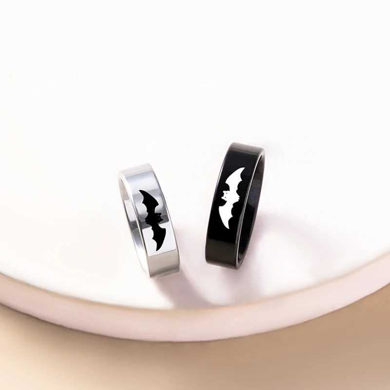 Yin Yang Bat Stainless Steel Couple Rings Punk Black Silver Color Vampire Ring For Women Men Halloween JewelryX240921