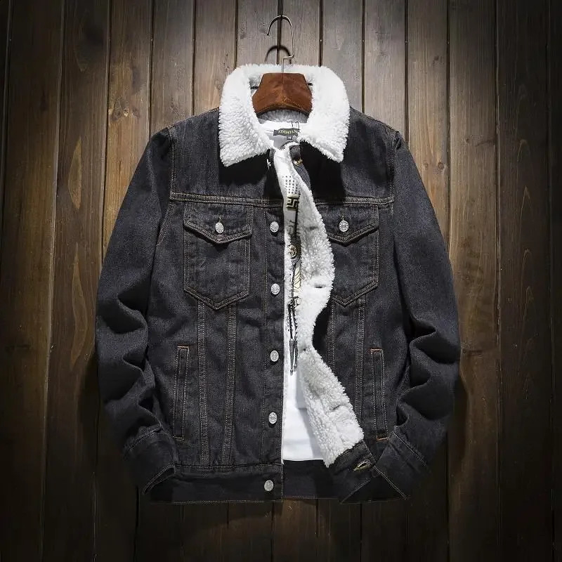 Mens thick wool lined denim cotton coat fashionable Korean style loose suit padded jacket casual winter fashion 240921