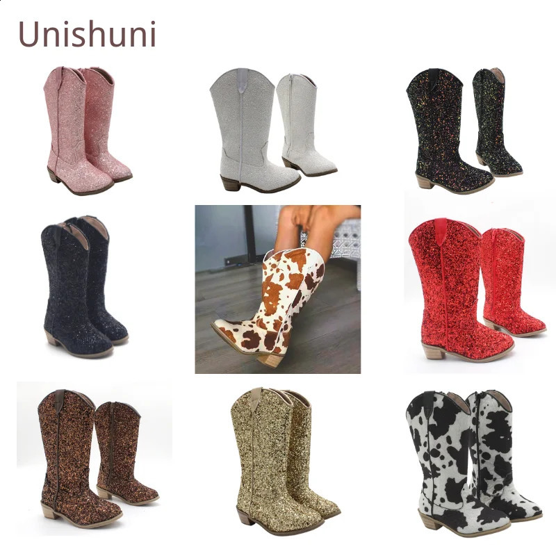 Unishuni Spring Autumn Boots for Girls Children High Heel Bling Glitter Boot Knee High Western Cowboy Boot with Zip Fashion Shoe 240919