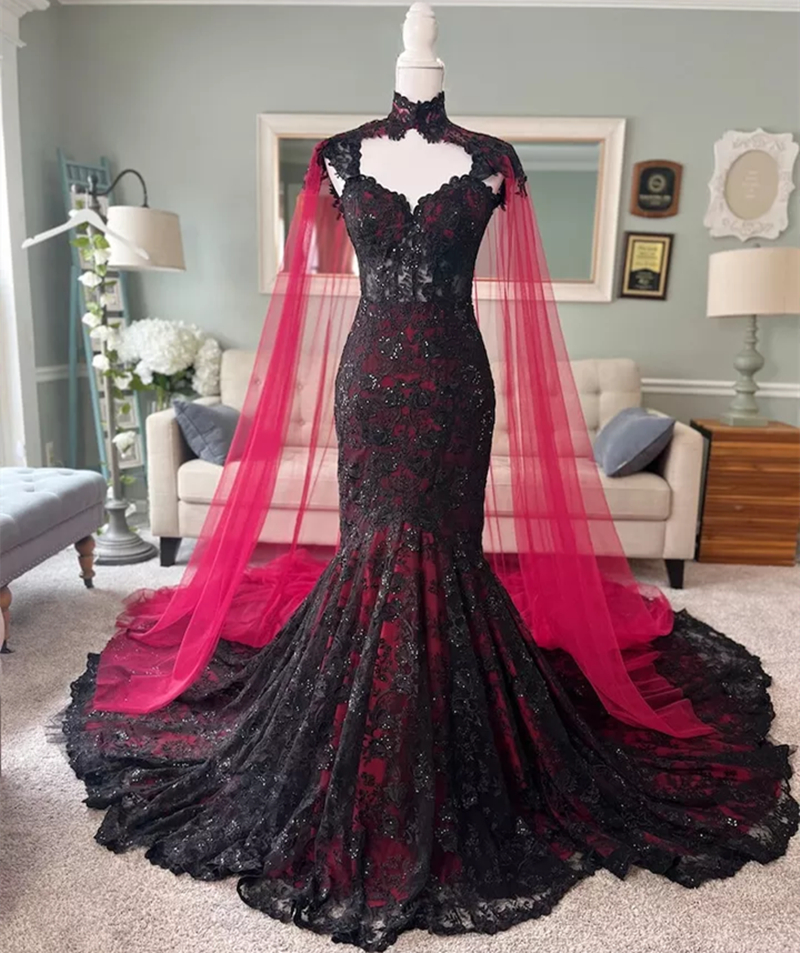 Vintage Burgundy And Black Gothic Mermaid Wedding Dresses With Long Wrap Lace Appliques Sleeveless Straps Elegant Chapel Length Wedding Gown For Women