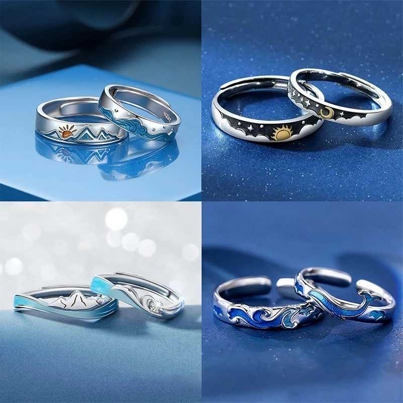 2PCS New Couple Rings For Women Sun Moon Dolphin Wings Cross Matching Jewelry Finger Open Adjustable Couple Engagement RingX240921