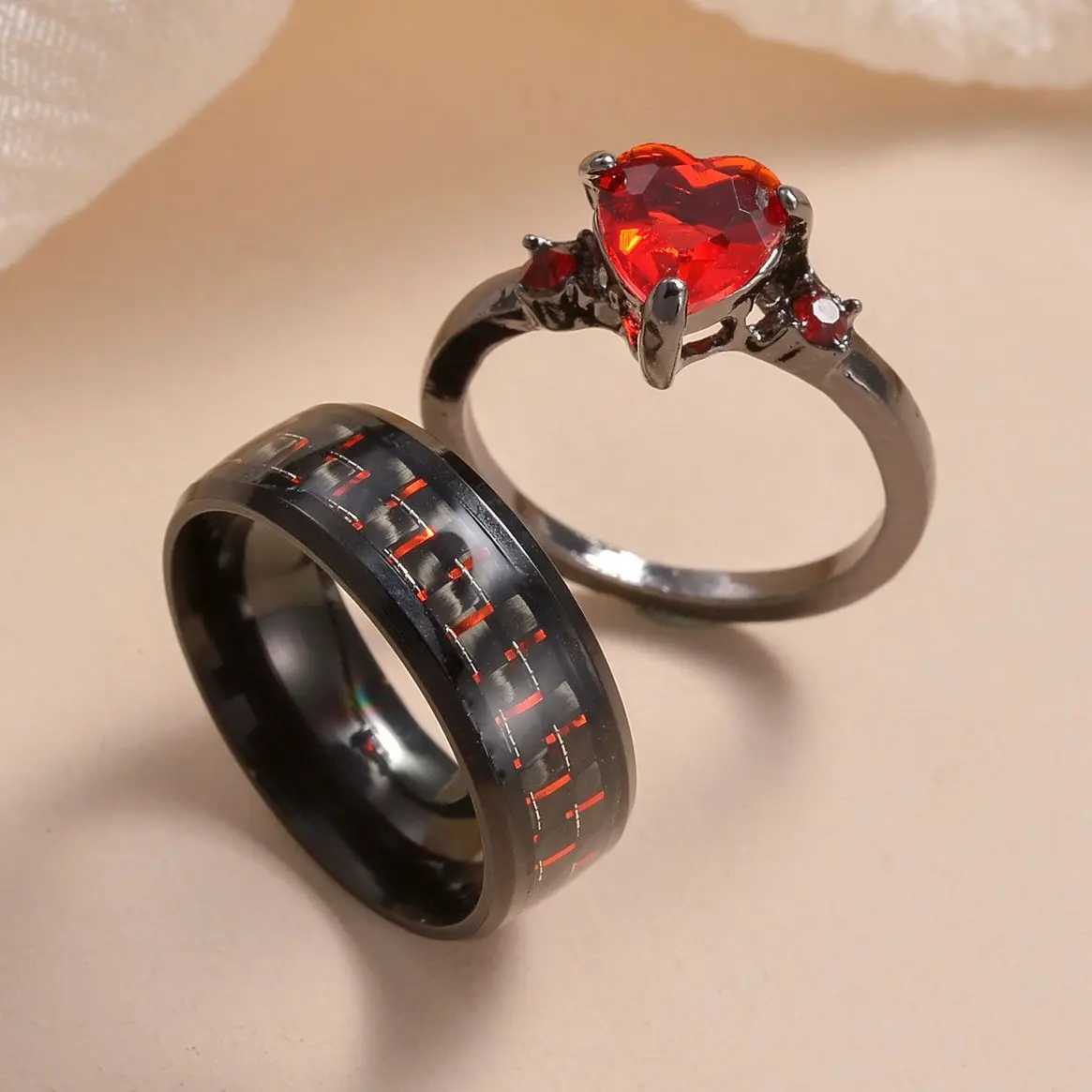 MeMolissa 2pcs Stainless Steel Red Crystal Ring Set For Men Women New Fashion Couple Rings Jewelry GiftsX240921