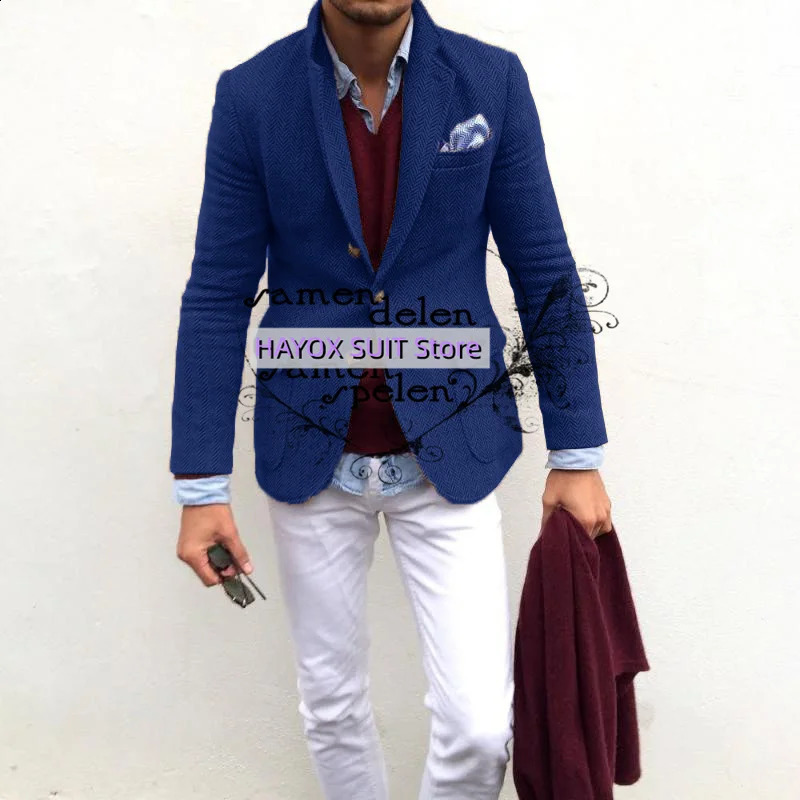 Elegant Fashion Mens Tweed Blazers Set Slim Fit Single Breasted Multiple Pockets Costume Homme Tuxedo 240911