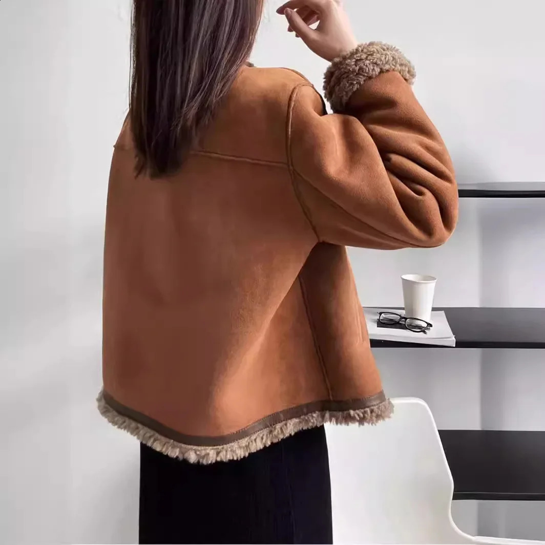 Winter Lamb Wool Fleece Jacket For Women Tweed Style Cropped Petite Leather Chamois Thick Sleeveless Warm Coat 240918