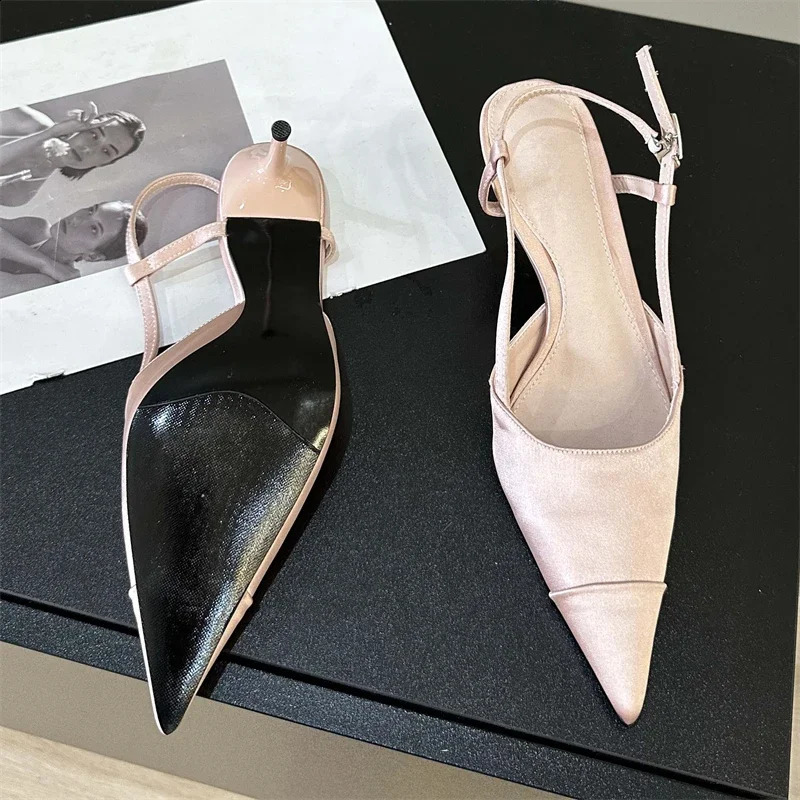 Eilyken high-quality satin buckle strap womens pump sandals fashionable shallow toe heel strap mule shoes 240919