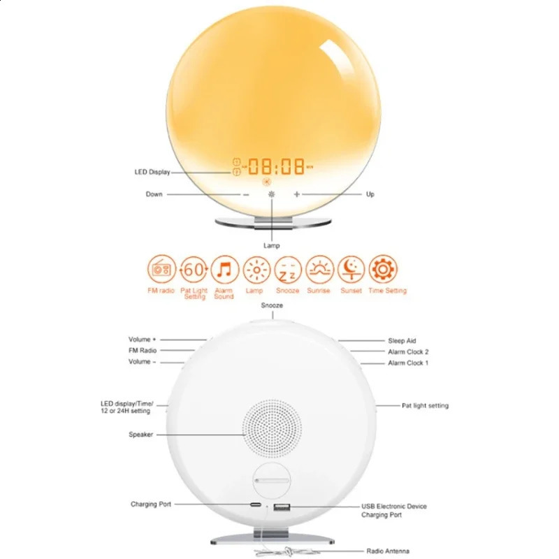 Smart Sunrise Sunset LED Digital 2 Alarm Clock Wake Up Light Electronic Table Clock Smart Life FM Radio Digital Nightlight Clock 240918