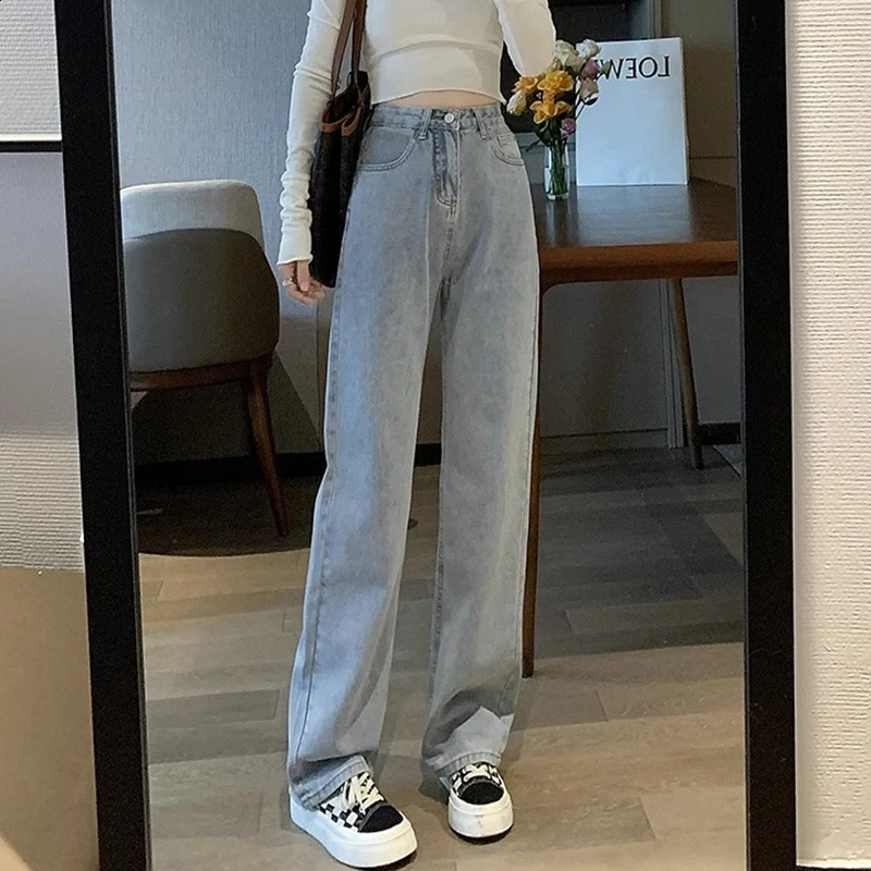 Woman Vintage Wide Leg Jeans Girls High Waist Pants Female Fashion Black Grey Retro Blue Light Pink Denim Trousers 250206