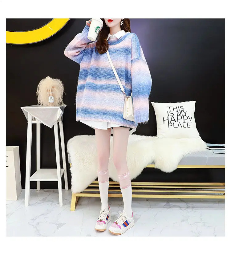 Autumn Winter Women Sweater Rainbow Sweaters Tie Dye Pullover O-Neck Long Loose Striped Female Knit Top Wear 240912