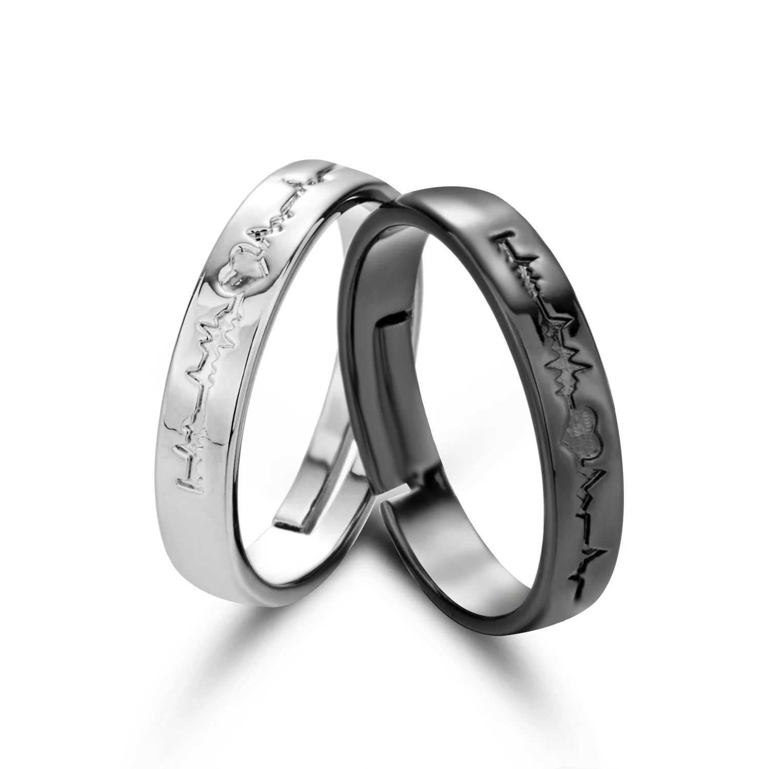 2Pcs Love Heart Electrocardiogram Couple Open Rings For Women Men Lover Black Silver Color Engagement Wedding ValentineDay GiftX240921
