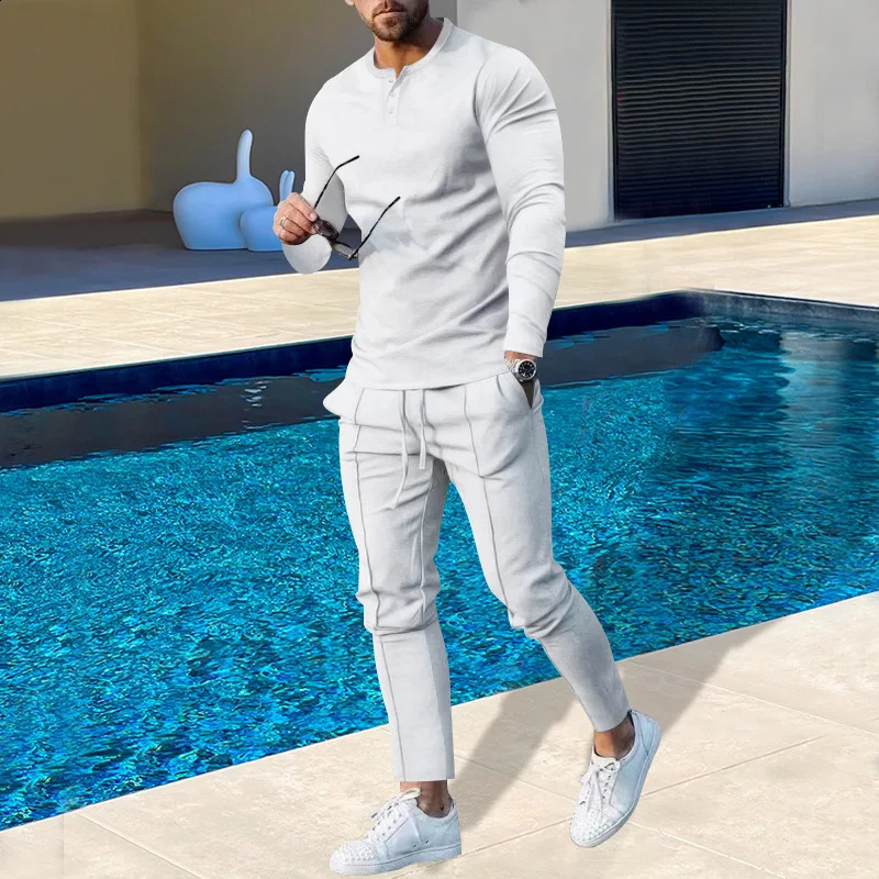 Autumn plus-size mens solid color Henry long sleeve pants suit trend 240918