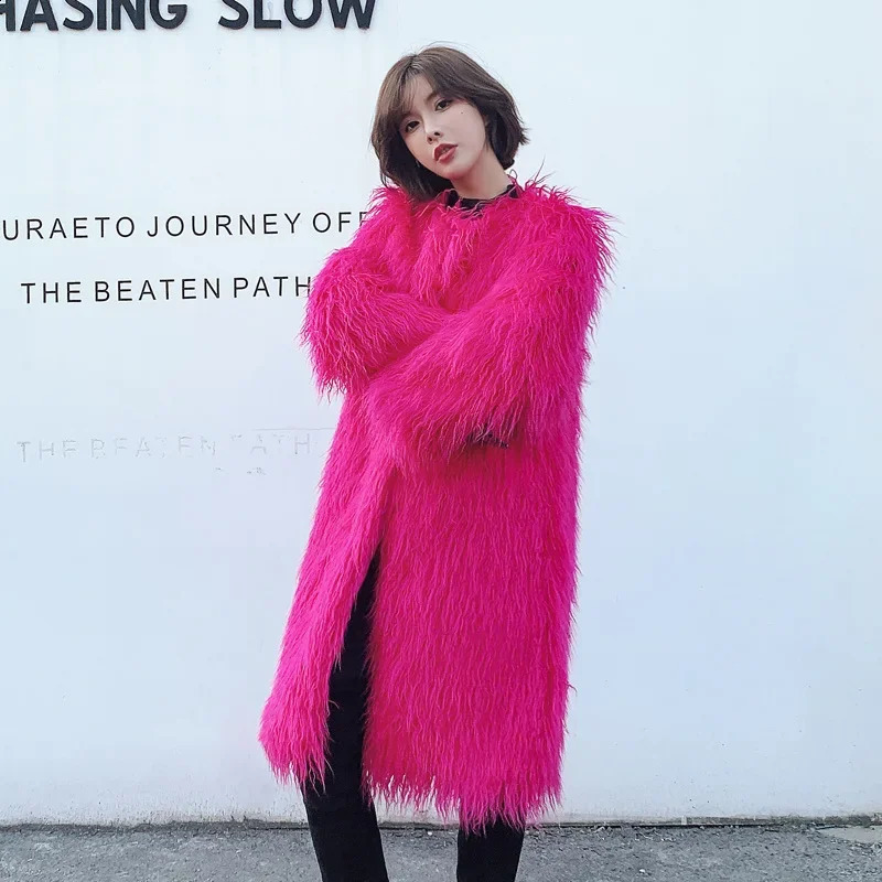Long Pink Faux Fur Coat Women Clothing O-Neck Plush Jacket Winter Coat Female Overcoat Fluffy Jacket Teddy in Outerwears 240911