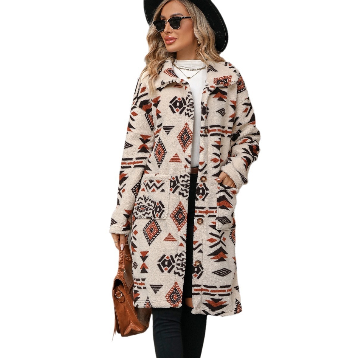 Velvet Autumn/winter New Womens Single Breasted Ethnic Style Printed Plush Long Coat Jacket