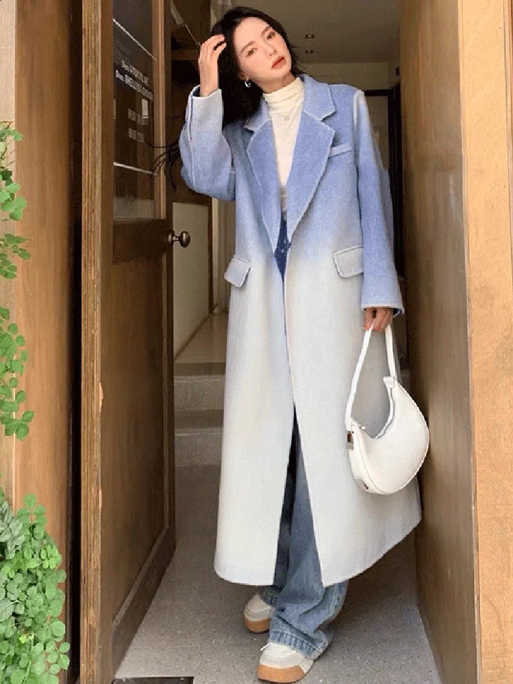 2024 Winter Women Vintage Long Woolen Coat Fashion Long Sleeve Jackets Chic Gradient Outerwear Korean Ladies Casual Overcoat 240918