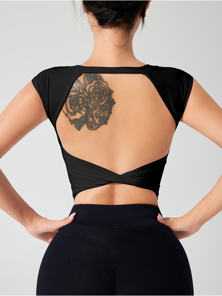 Springsummer Yoga Sleeved Women's Fixed Chest Cushion Sexy Open Back Short Sports T-Shirt With Waist Wrap Fiess Tank Top