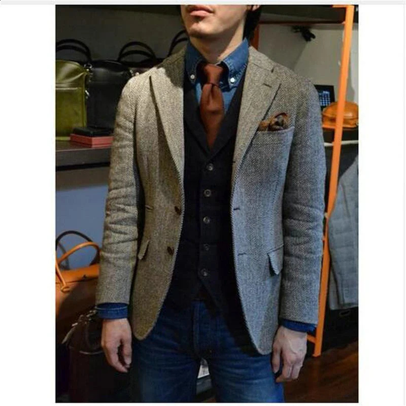 Mens Suit Brown Blazer Prom Tuxedos Herringbone Wool Tweed Single Breasted Formal Bussiness Jacket for WeddingOnly Coat 240911