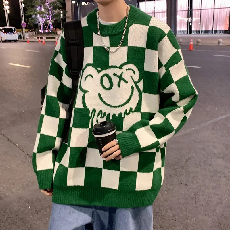 Versatile Long Sleeve Knitted Topjacket Pullover Sweater For Men Loosefit Style Chessboard Round Neck Unique Fashion 240915