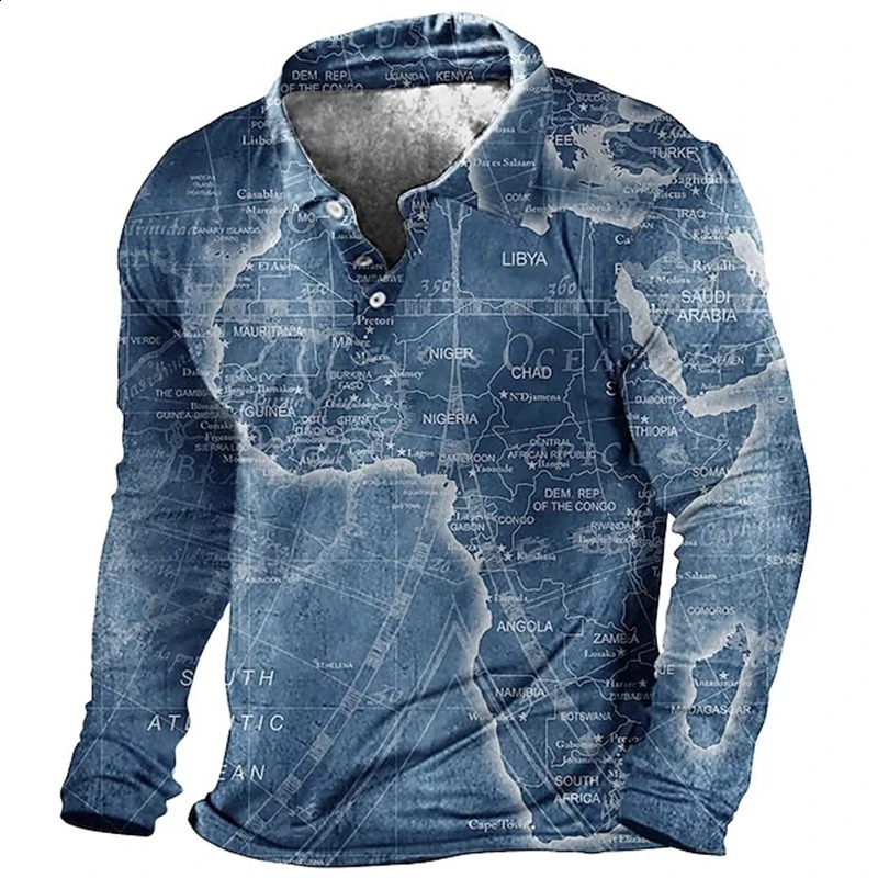 Retro Nautical Anchor Compass 3D Printed Long Sleeve Polo Shirt for Men Flip Collar Casual Fashion Streetwear Hombre Ropa Top 240921