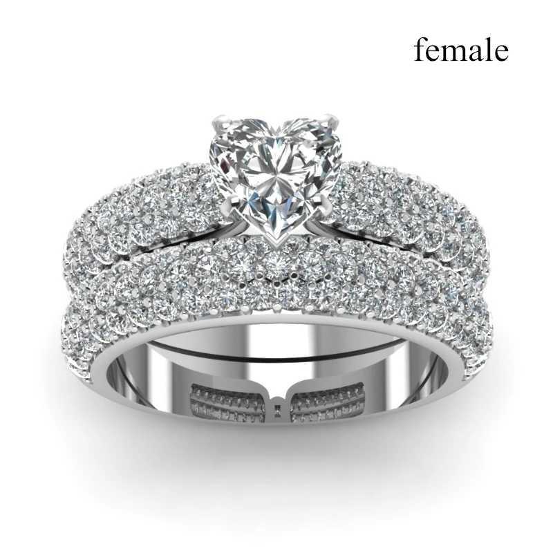 2023 Fashion Silver Color Couple Rings for Lovers Cute Heart Rhinestones Women Rings Set Trendy Zircon Men Rings Wedding BandX240921