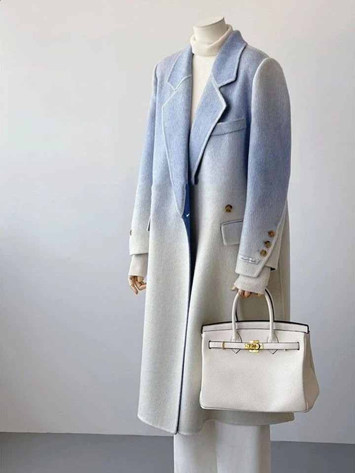 2024 Winter Women Vintage Long Woolen Coat Fashion Long Sleeve Jackets Chic Gradient Outerwear Korean Ladies Casual Overcoat 240918