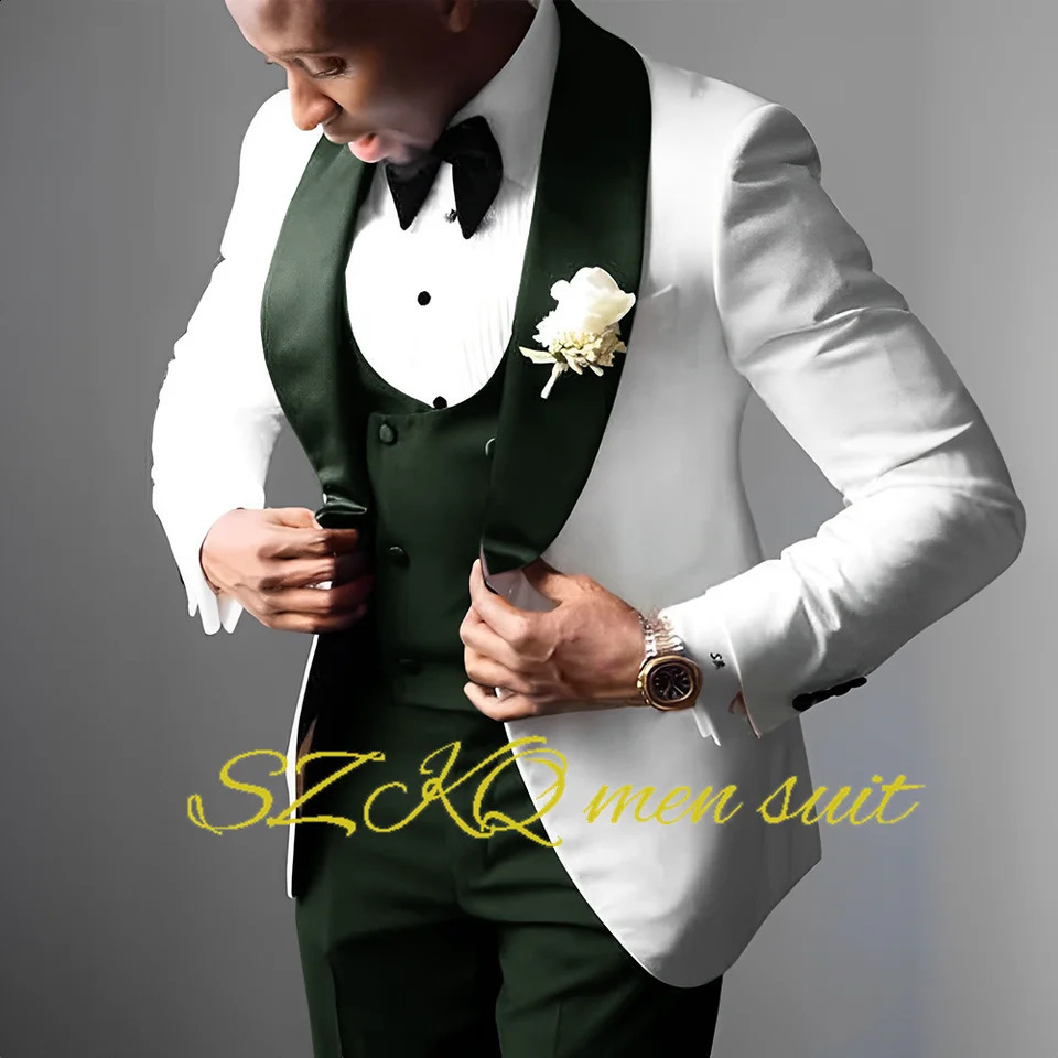 White mens wedding evening gown elegant mens suit green fruit collar jacket pants vest 3-piece set custom color XS-5XL 240921