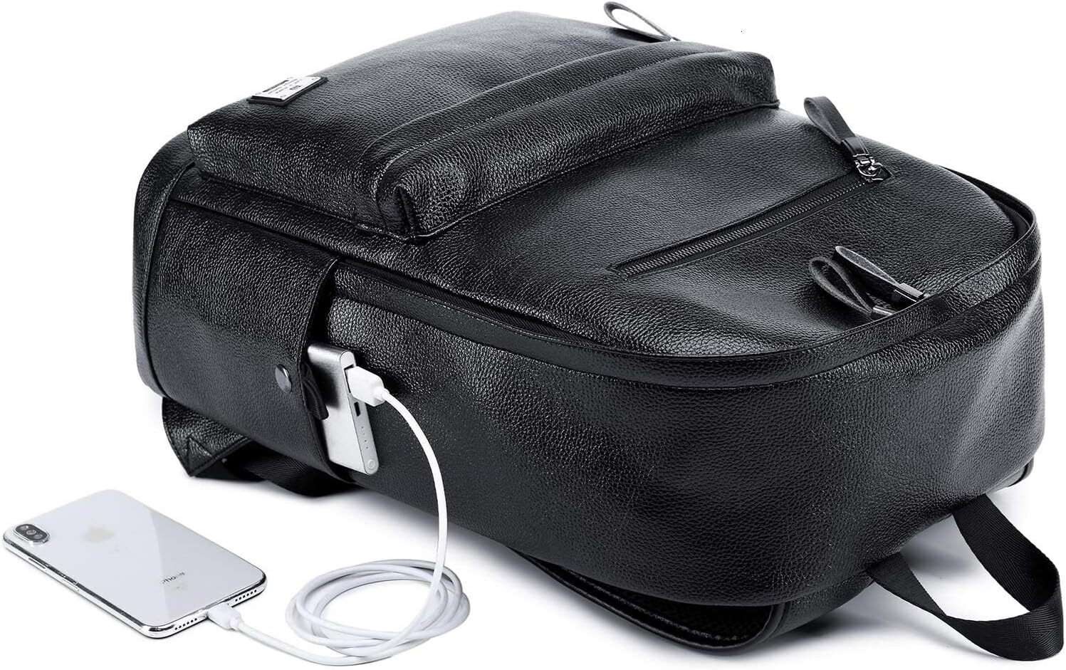 Black Leather Men Women Work Travel, Lightweight School Bookbag for College Students, Waterproof Casual Daypack Computer Backpack fits 15.6 Inch Lapto