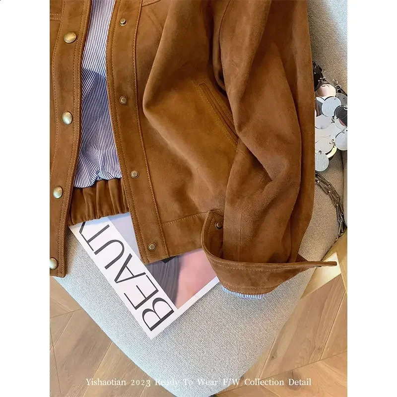 GkyocQ Korean Fashion Women Coat O Neck Long Sleeve Single Breasted Chamois Leather Short Jacket All Match Female Coats Tops 240918