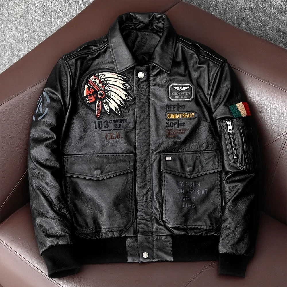 Indian Embroidered Flight Suit Natural Leather Coat Mens Denim Leather Motorcycle Jacket Ultra Thin Fashion Clothing 240909