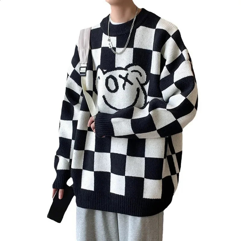 Versatile Long Sleeve Knitted Topjacket Pullover Sweater For Men Loosefit Style Chessboard Round Neck Unique Fashion 240915