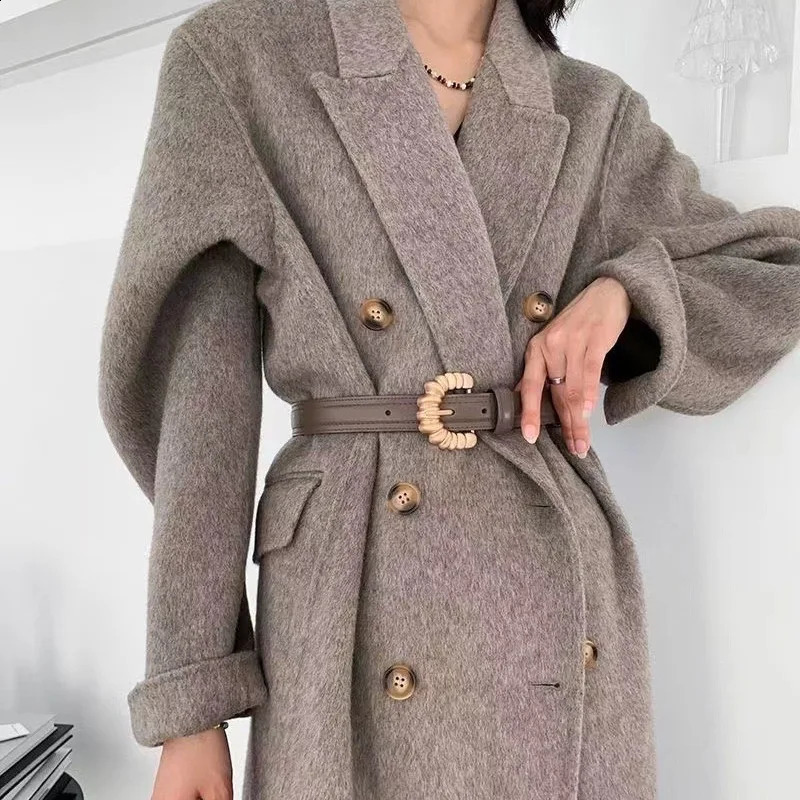 Women Winter Gray Thick Woolen Coats With Button Loose Long Sleeves Pocket Ladies Elegant OverCoat 240911