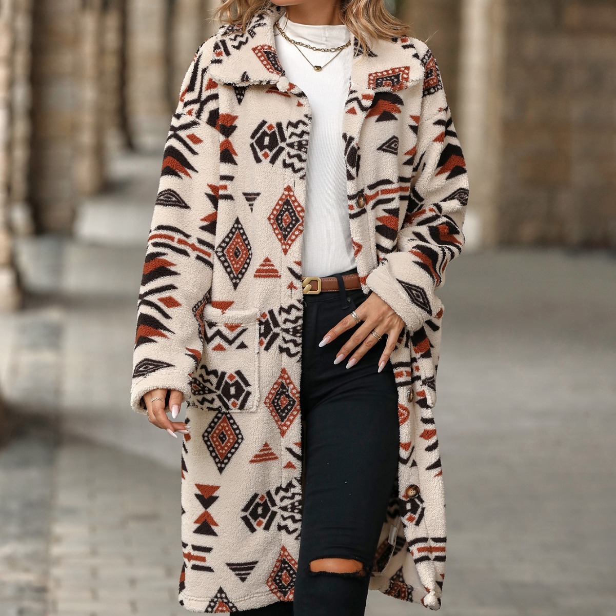 Velvet Autumn/winter New Womens Single Breasted Ethnic Style Printed Plush Long Coat Jacket