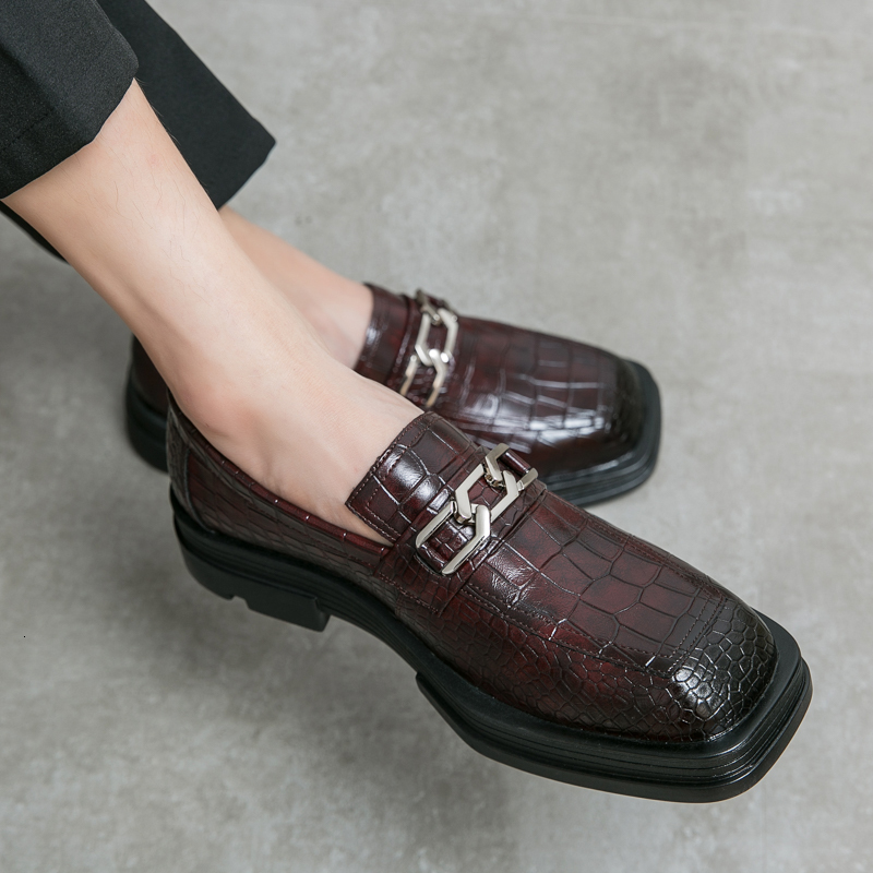 2024 Italy Black Leather Slip-On Oxford Dress Men Square Head Footwear Casual Party Shoes Thick Bottom Loafers