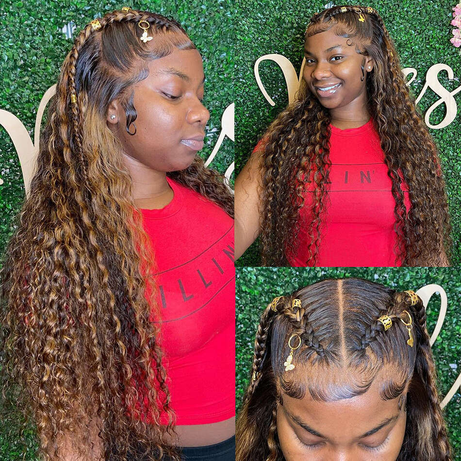 13x4 13x6 Hd Lace Water Deep Wave Frontal Highlight Honey Brown Curly Human Hair Wigs Colored Wig For Black Women 30 36 Inch