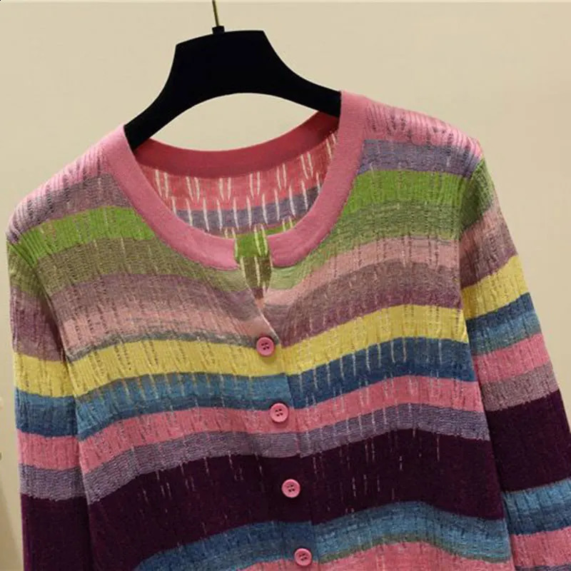 Multi-Color Rainbow Striped V-Neck Knit Chic Long Sleeve Womens Cardigan Single Breasted Sweater Cardigan For Women Clothing 240912