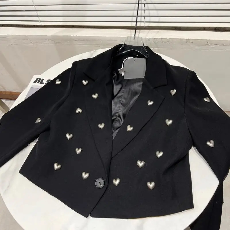 Heart shaped bead decoration black short jacket womens jacket spring slim fit notch collar long sleeved single button womens suit jacket 240918