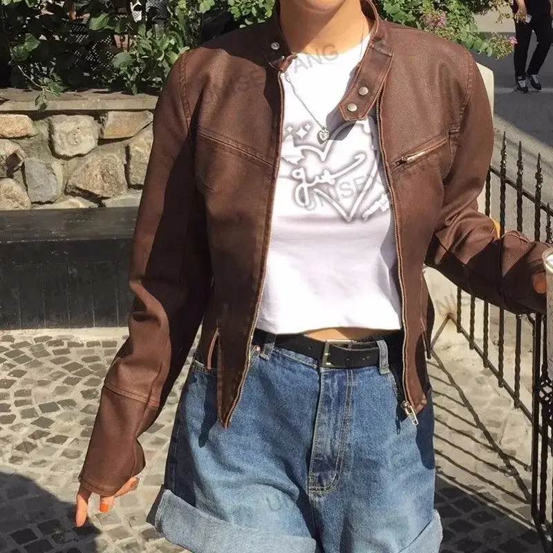 Brown Vintage Racing Suit Short PU Leather Jacket Spring And Autumn Zipper Leather Jacket Winter Clothes Women 240921