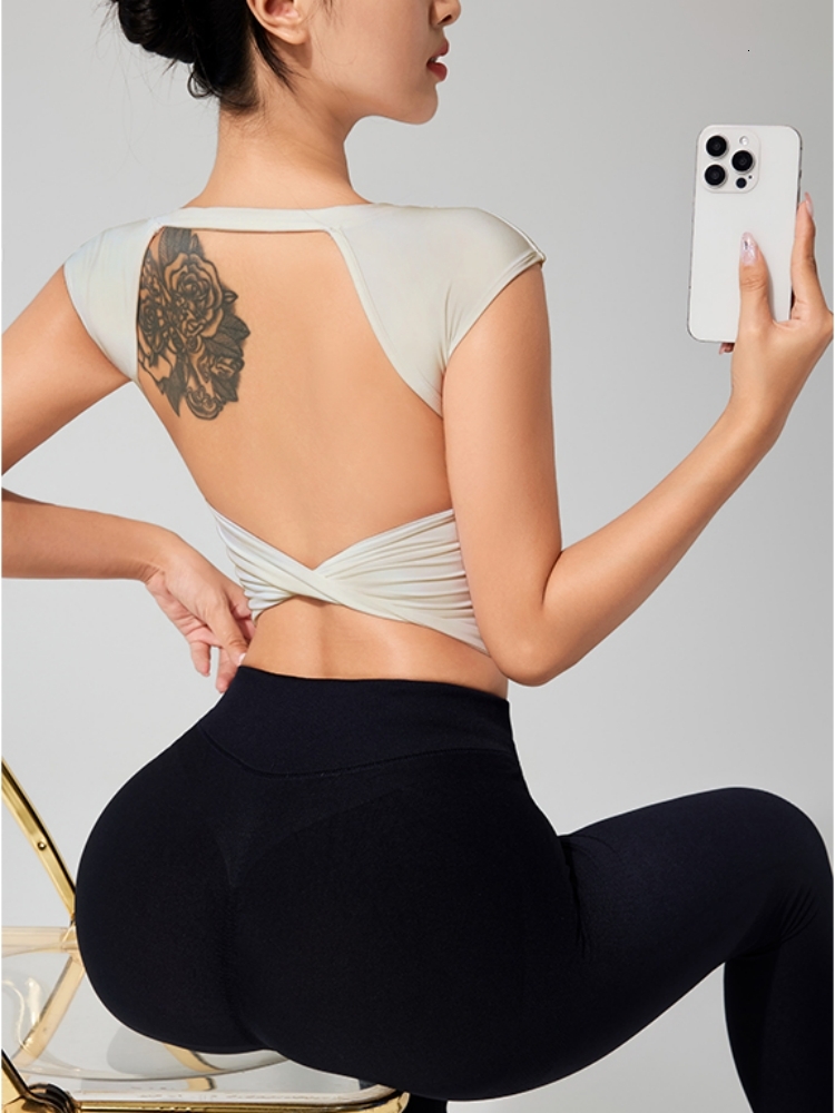Springsummer Yoga Sleeved Women's Fixed Chest Cushion Sexy Open Back Short Sports T-Shirt With Waist Wrap Fiess Tank Top