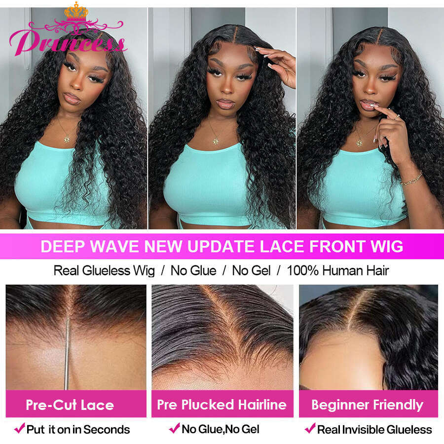 Princess Glueless Human Hair Ready to Wear Cut Brazilian Deep Wave Lace Front Wig With Pre plucked Haire