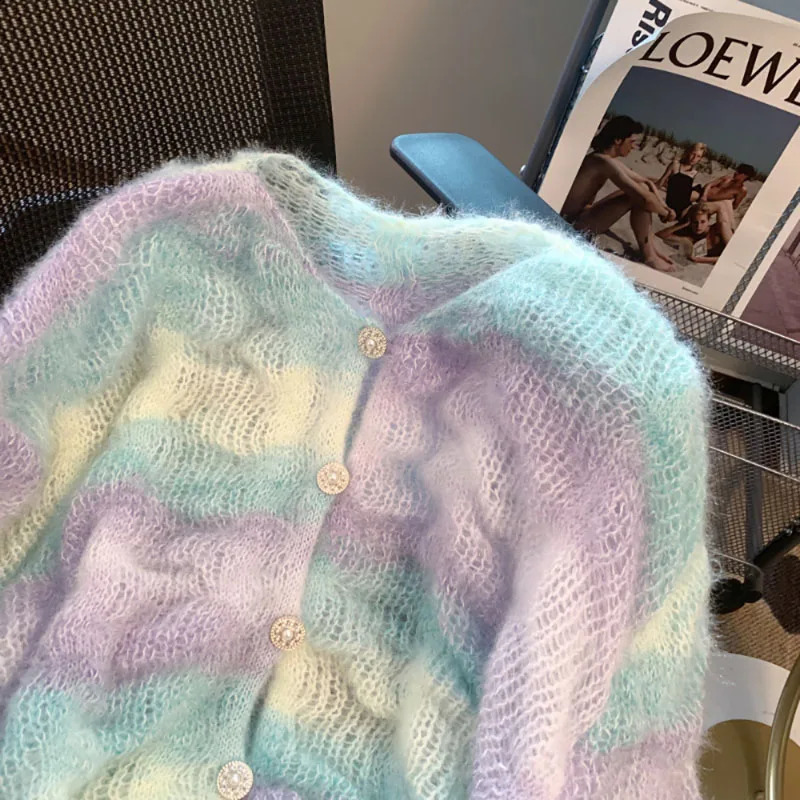 Soft Sweet Age-Reduce Rainbow Gradient Sweater Womens High-Grade Sense Autumn Gentle Wind Mohair Knit Cardigan Thicken 240912