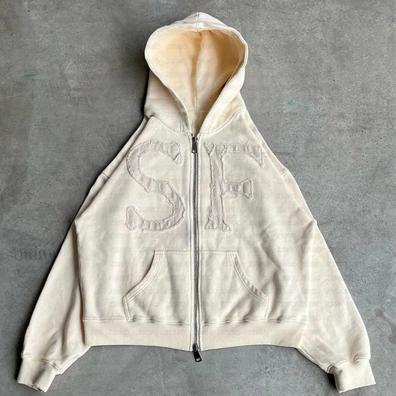 American Street Zipper Hoodie Men Harajuku Letters High Street All-match Casual Jacket Embroidered Oversized Sweatshirt Women 240921