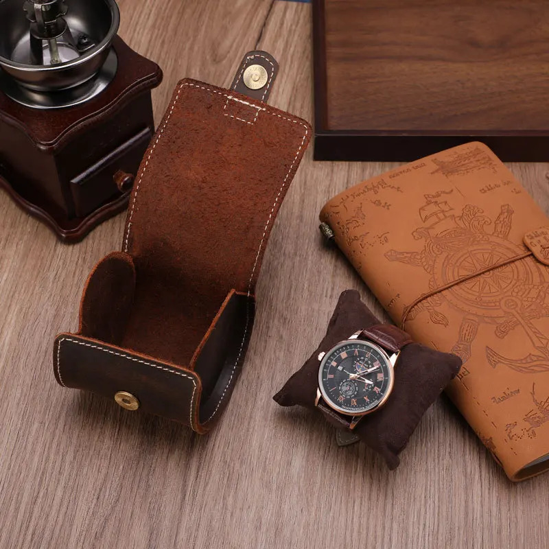 Watch Box 1-slots Retro Leather Cylindrical watch box case Portable Watch Storage Box single watch organizer UTHAI 240909