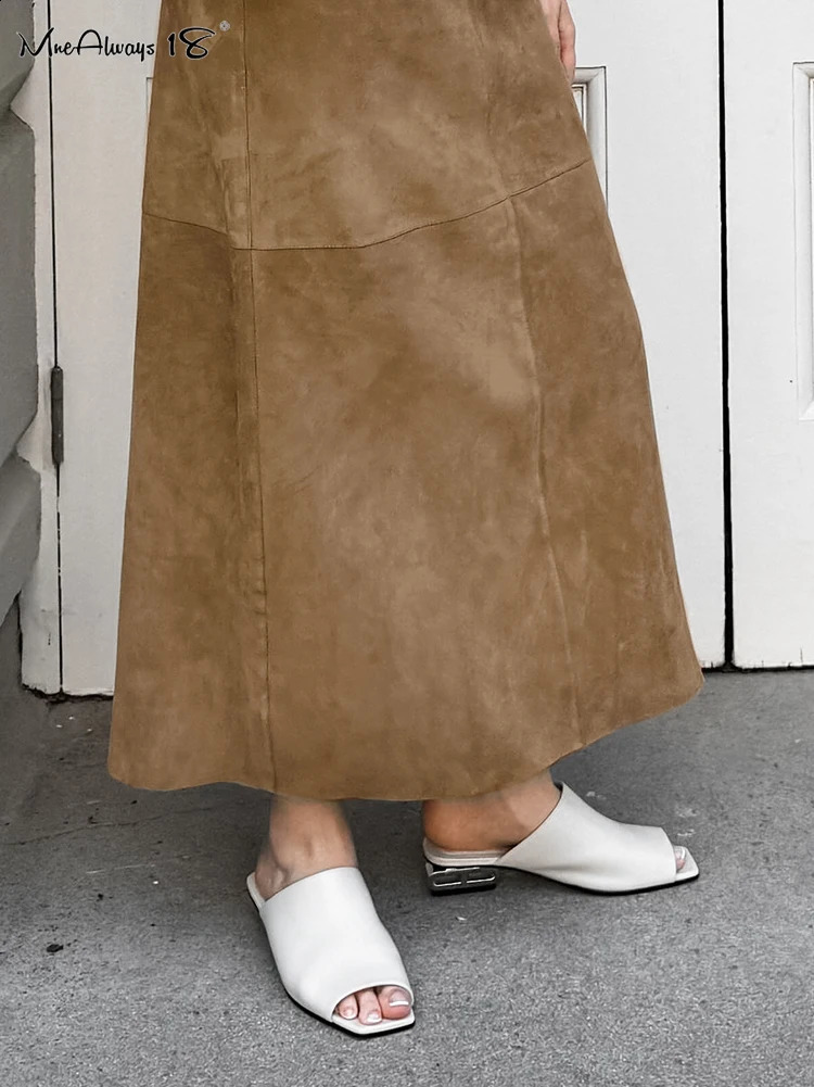 Mnealways18 Suede Vintage Khaki Skirts Women Warm Autumn Winter 2024 High Waist Straight Long Skirts Office Ladies Woolen Midi 240919