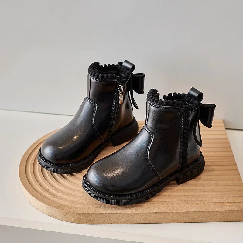 Cute fluffy PU leather childrens ankle boots super warm Velevt winter shoes for girls low high heels fashionable bow student shoes G10234 240918