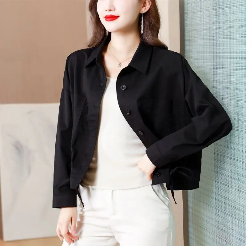 Casual Thin Jacket for Women Spring Autumn Korean Loose Long Sleeve Solid Drawstring Short Coats Top Vintage Fashion Clothes 240918