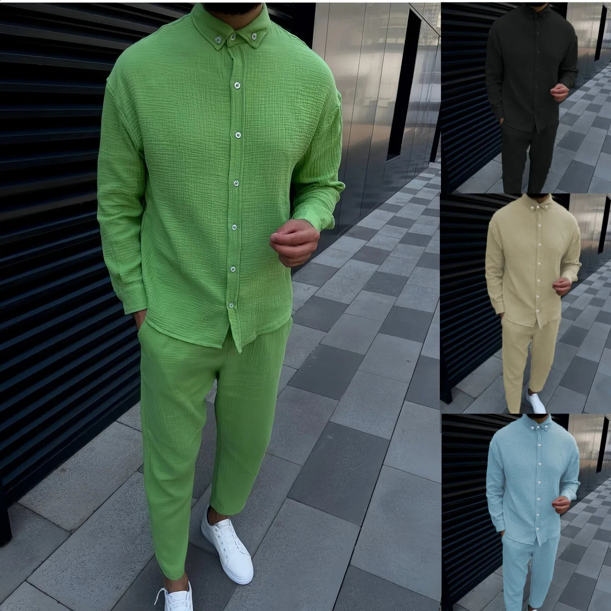 Autumn Cotton Casual Long Sleeve Shirt And Pants Fashion Suit Mens sSngle Breasted Shirt street Suit 240918