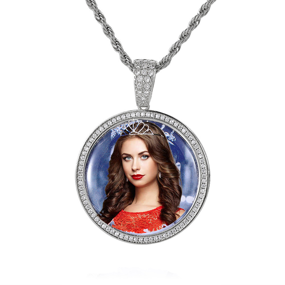 Custom Photo Pendant Necklace TopBling Zircon Memorial Frame Medal Pendants Jewelry Women Men Gift