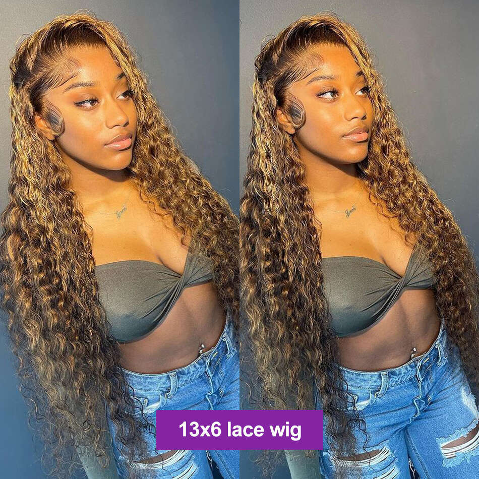 13x4 13x6 Hd Lace Water Deep Wave Frontal Highlight Honey Brown Curly Human Hair Wigs Colored Wig For Black Women 30 36 Inch